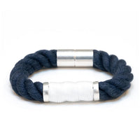 Allison Cole Hanover bracelet made with thick navy rope accented with white rope and brushed silver clasps