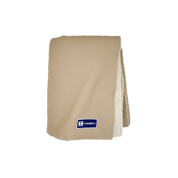 Font view Denim Blanket Company tan denim blanket with cream fleece lining