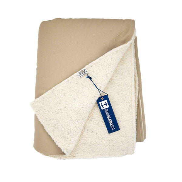 Inside view Denim Blanket Company tan denim blanket with cream fleece lining