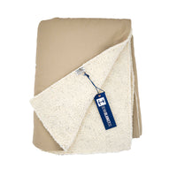 Inside view Denim Blanket Company tan denim blanket with cream fleece lining