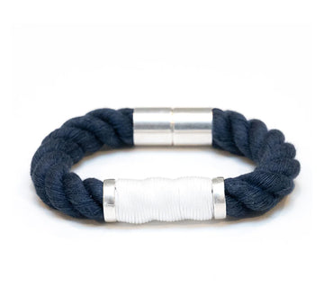 Allison Cole Hanover bracelet made with thick navy rope accented with white rope and brushed silver clasps