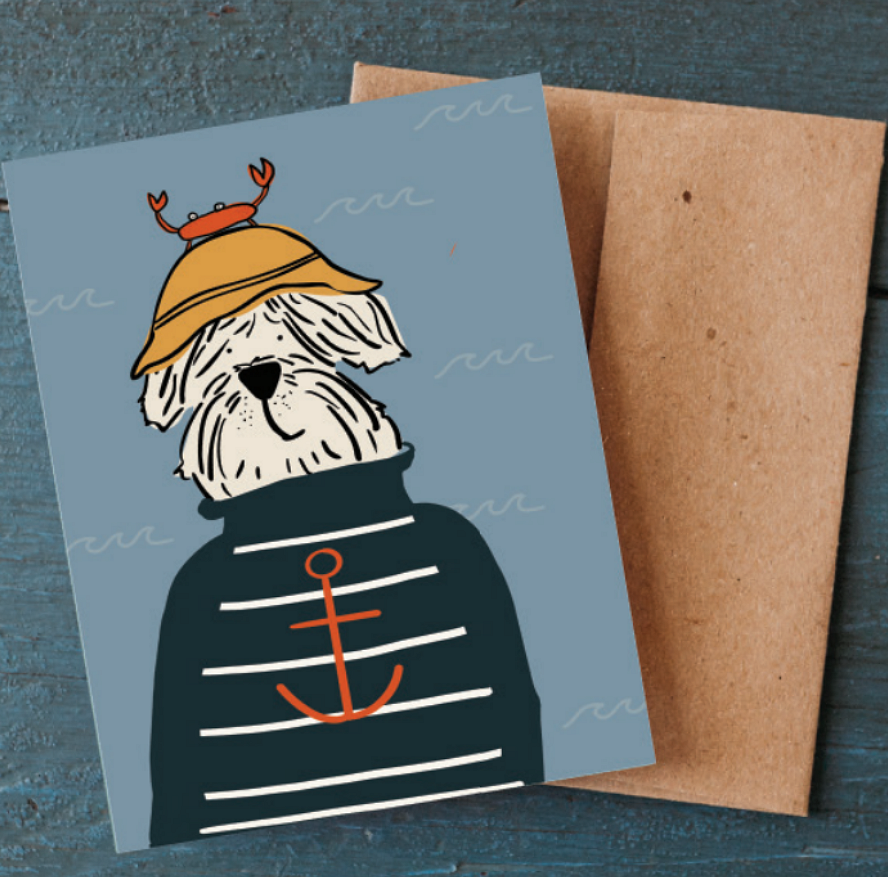 Anchor Dog Greeting Card Set | Boxed Nautical Notecards (10 Pack)