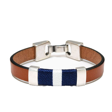 Allison Cole Bristol bracelet made with brown leather accented with navy and white rope with brushed silver clasps