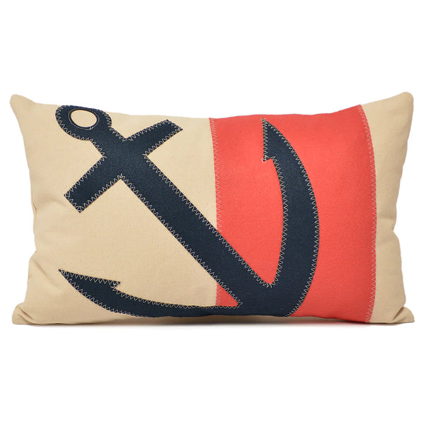 Salty Cottage cream lumbar throw pillow with navy anchor and a coral stripe