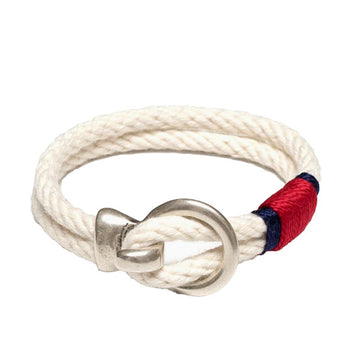 Allison Cole Deckard bracelet made with white double rope accented with navy and red rope and brushed silver clasps