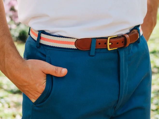 American Made Woven Belt – Coral, Ivory & Navy Dockside Belt | Collared Greens