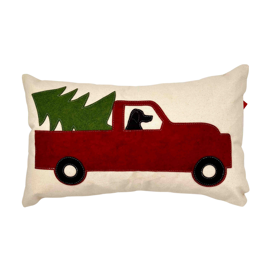 Red Holiday Truck Lumbar Pillow with Dog