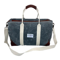 Front view of Steele Canvas slate colored canvas duffle gym travel bag with brown leather accents