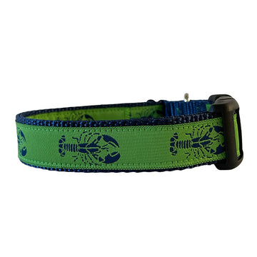 Sew Fetch Dog Co. green dog collar with navy blue lobsters and black plastic closure