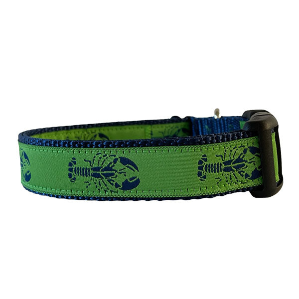 Sew Fetch Dog Co. green dog collar with navy blue lobsters and black plastic closure