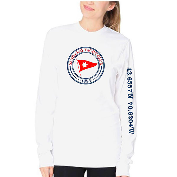 Long sleeved white tee-shirt with Sandy Bay Yacht Club logo on front and Rockport latitude and longitude on sleeve