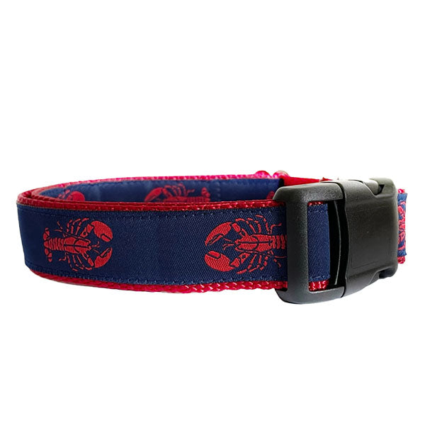 Sew Fetch Dog Co. navy dog collar with red lobsters and black plastic closure