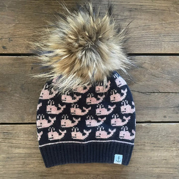 Whales Beanie in Navy/Pink with Natural Pom