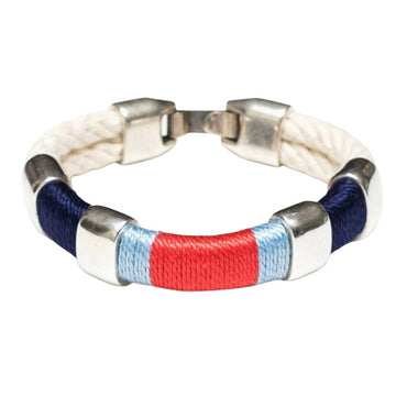 Allison Cole Newbury bracelet made with white double rope accented with navy, light blue, and pink rope and brushed silver clasps