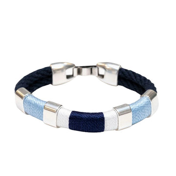 Allison Cole Newbury bracelet made with navy double rope accented with navy, light blue, and white rope and brushed silver clasps