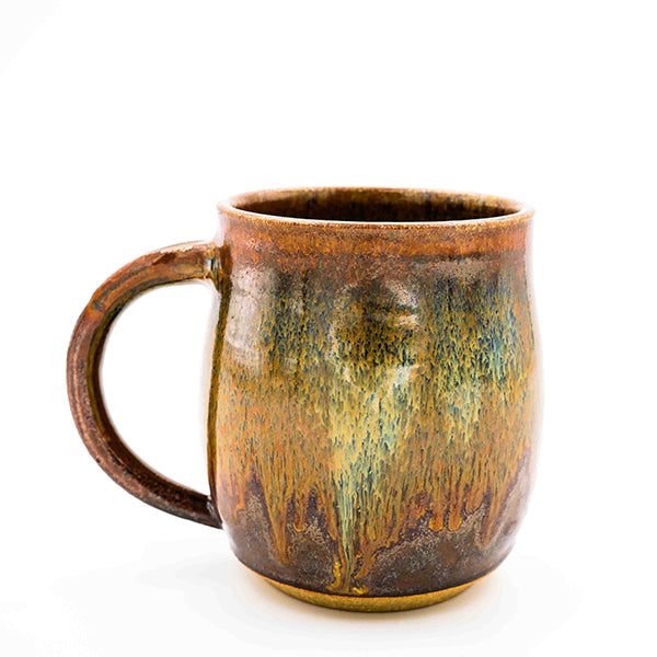 Old World Vibes stoneware mug with brown and yellow glaze handmade by Allison Morrissey