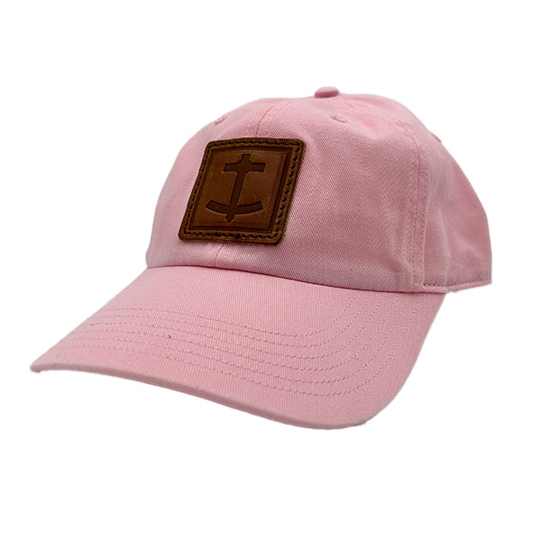 DBC light pink baseball hat with brown leather patch embossed with Denim Blanket Company anchor logo