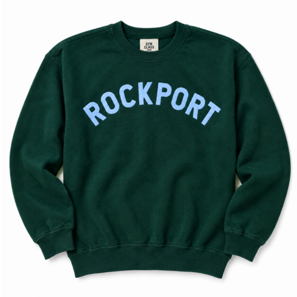 Vintage Rockport Sweatshirt – Hunter Green / Powder Blue Letters | Gym Class Surfers - M