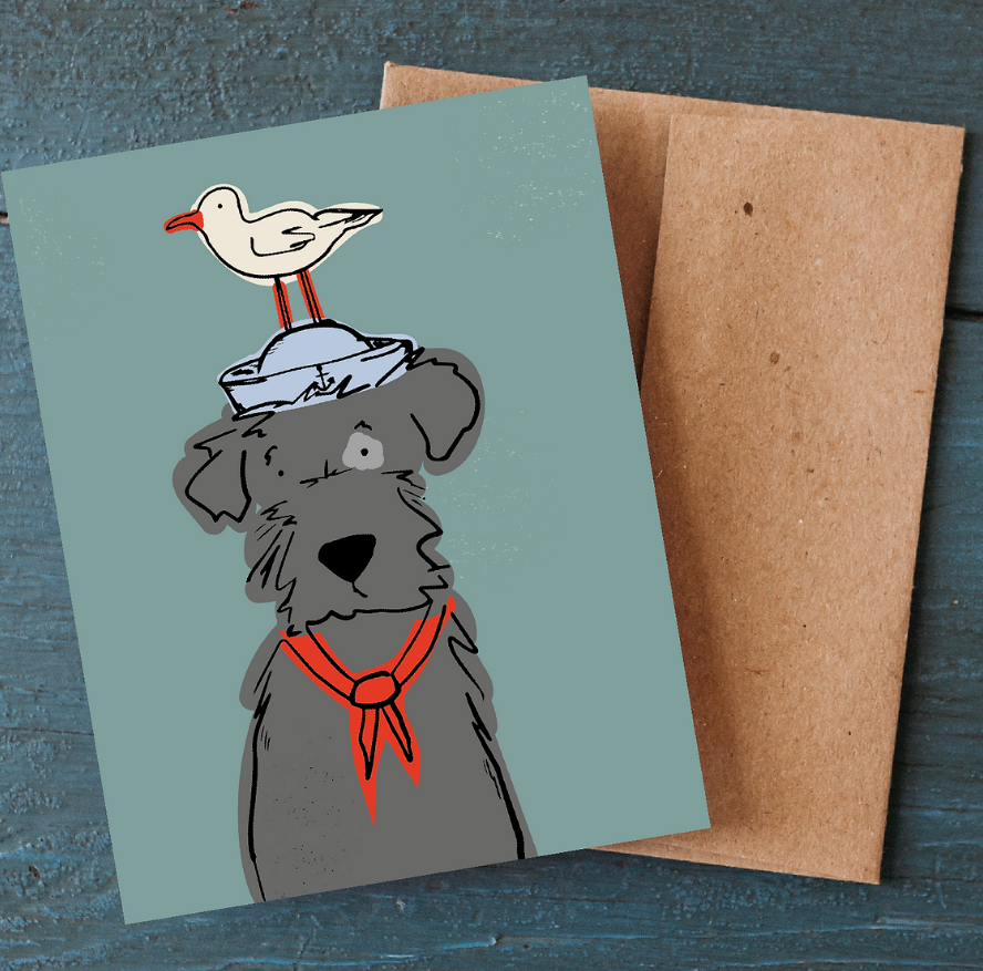 Sailor Dog boxed greeting card set featuring a gray dog wearing a sailor scarf with a seagull perched on its captain's hat.