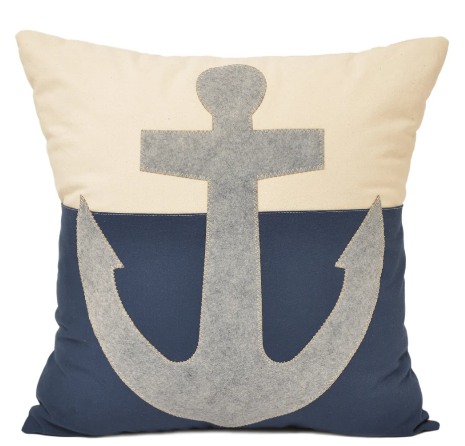 Large cream and navy blue square throw pillow with a large gray anchor