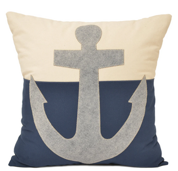 Large cream and navy blue square throw pillow with a large gray anchor