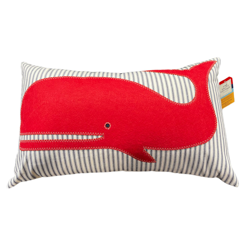 Coral Whale On Blue Stripes Pillow