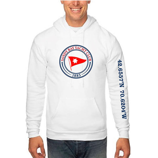 Hooded white sweatshirt with Sandy Bay Yacht Club logo on front and Rockport latitude and longitude on sleeve