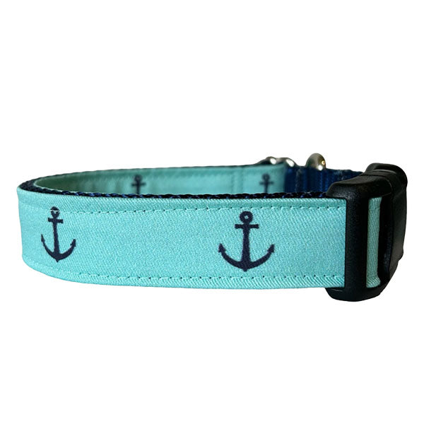 Sew Fetch Dog Co. teal dog collar with navy blue anchors  and black plastic closure