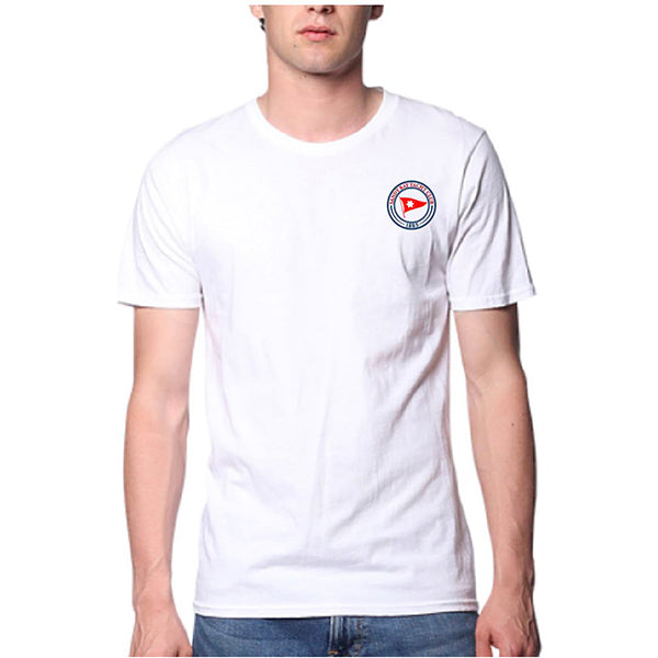 Short sleeved white tee-shirt with Sandy Bay Yacht Club logo on front upper left corner