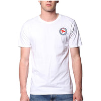 Short sleeved white tee-shirt with Sandy Bay Yacht Club logo on front upper left corner