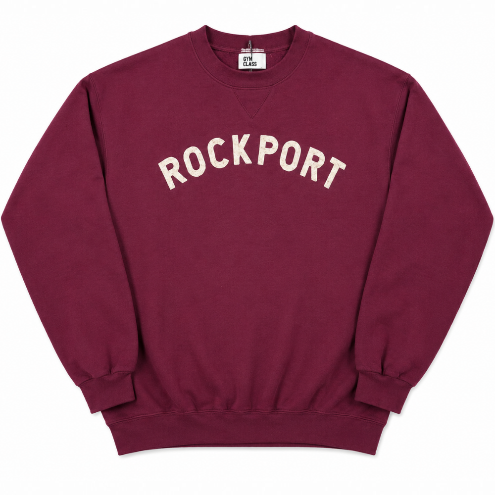 Vintage burgundy Rockport crewneck sweatshirt with distressed collegiate lettering by Gym Class Surfers