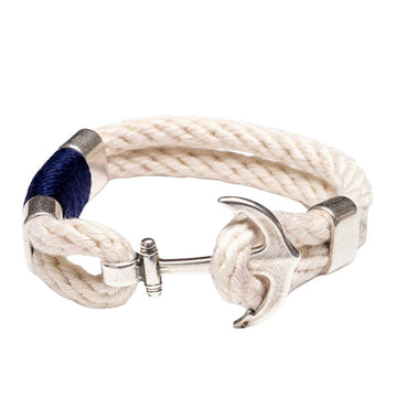 Allison Cole Waverly bracelet made with white double rope and accented with navy rope and brushed silver clasps