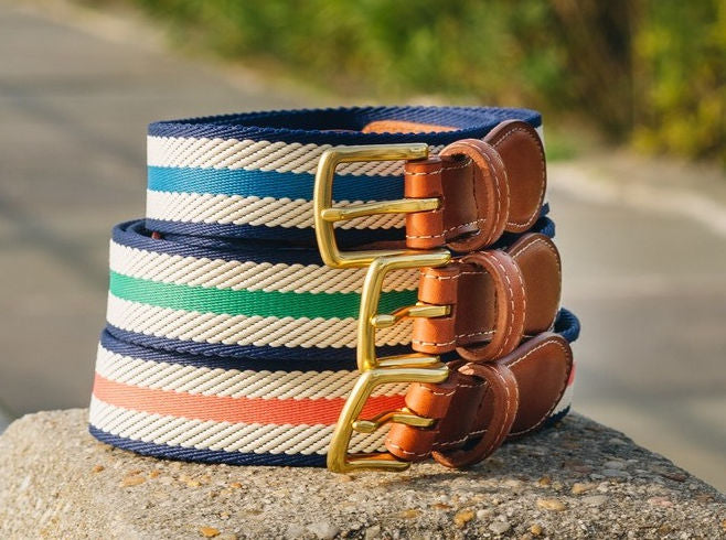 American Made Woven Belt – Coral, Ivory & Navy Dockside Belt | Collared Greens