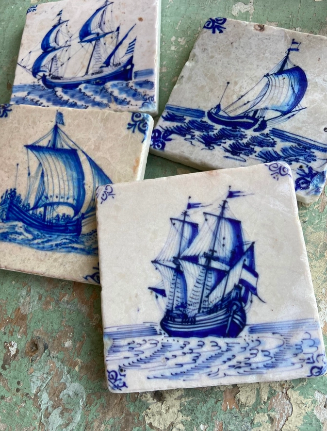 Delft Boats Marble Coasters (4x4”) – Classic Coastal Stone Tiles, Made in USA