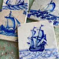 Delft Boats Marble Coasters (4x4”) – Classic Coastal Stone Tiles, Made in USA