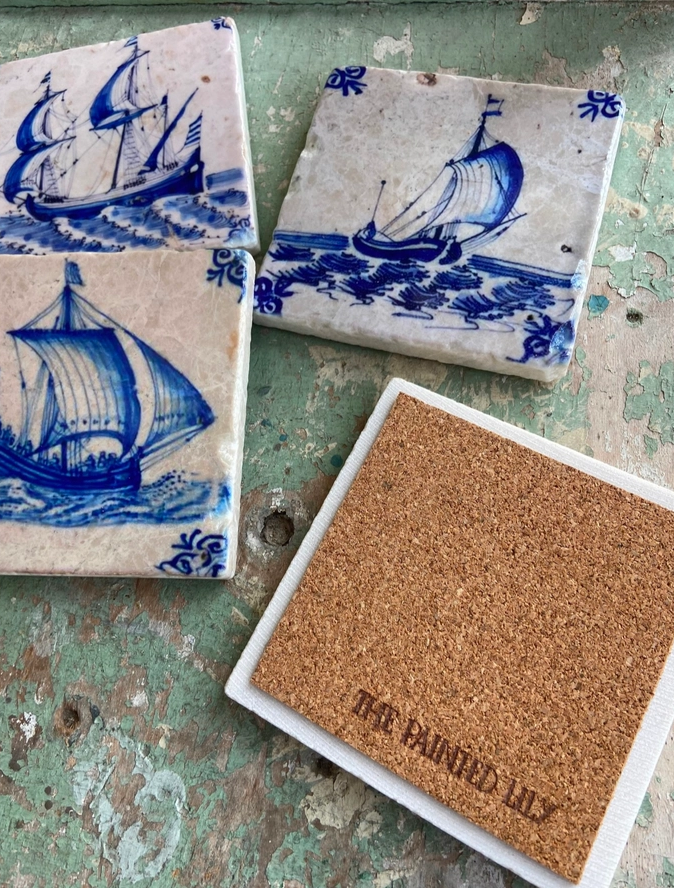 Delft Boats Marble Coasters (4x4”) – Classic Coastal Stone Tiles, Made in USA