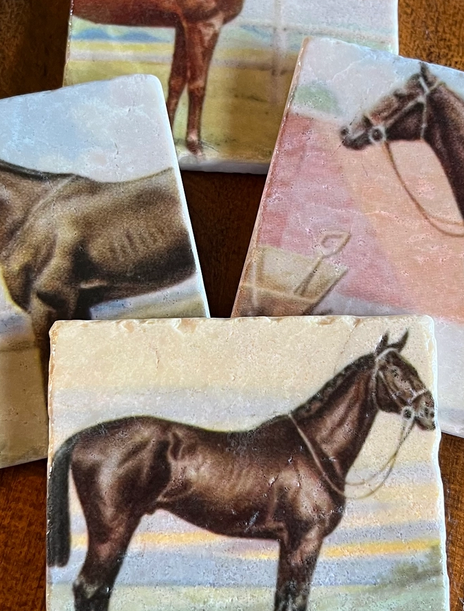 Vintage Horse Marble Coasters (4x4”) – Americana Stone Tile Set, Made in USA