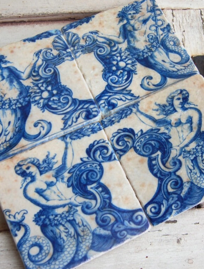 Mermaid Marble Coasters (4x4”) – Coastal Stone Tile Set, Made in USA