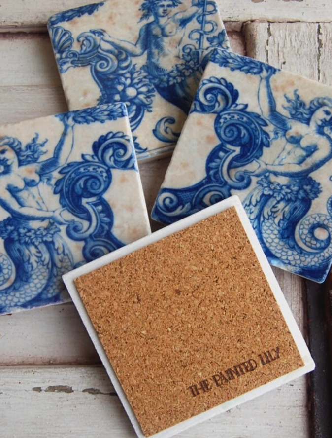 Mermaid Marble Coasters (4x4”) – Coastal Stone Tile Set, Made in USA