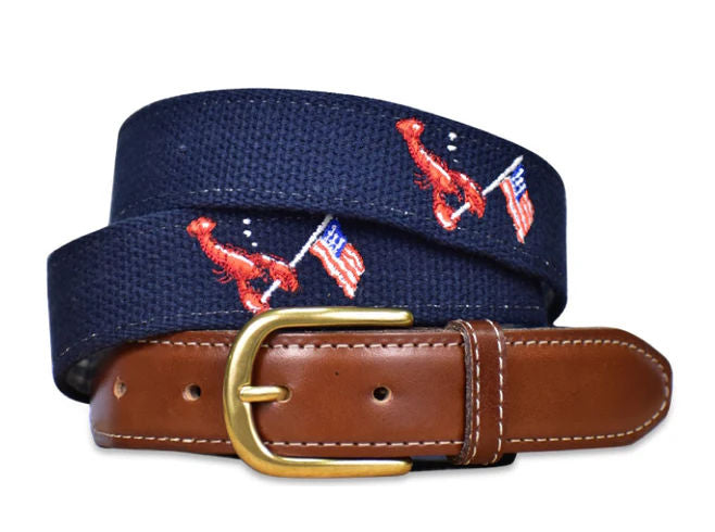 American Made Lobster & Flag Embroidered Belt – Navy | Patriotic Cotton Belt by Bird Dog Bay