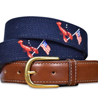 American Made Lobster & Flag Embroidered Belt – Navy | Patriotic Cotton Belt by Bird Dog Bay