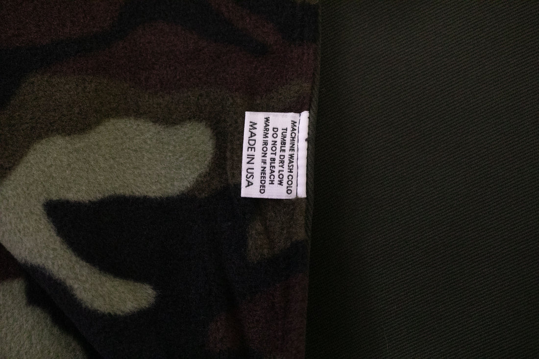 Inside view Denim Blanket Company army green blanket with cameo fleece lining